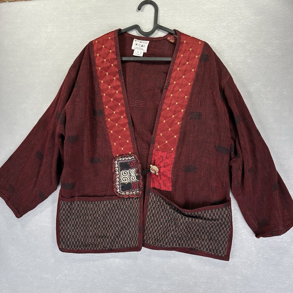 VTG Veranda Wear Jacket M Red Patchwork Quilted Hand Woven Boho Art To Wear Top